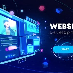 Website development banner, computer technology, monitor with open browser page and woman profile on screen, futuristic background in neon glowing colors. Cartoon vector illustration, landing page